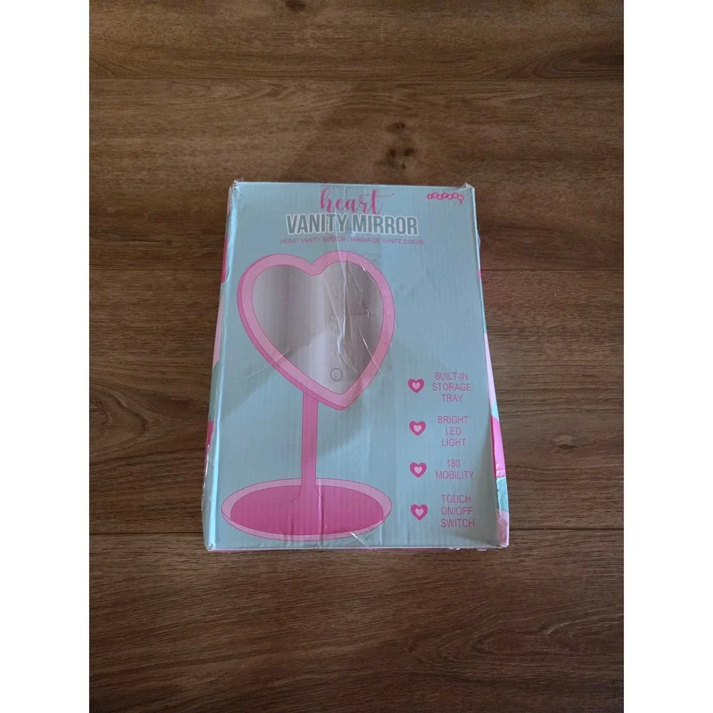Iscream Heart Vanity Mirror Pink LED‎ Lighted Touch Switch Storage Tray 880-410